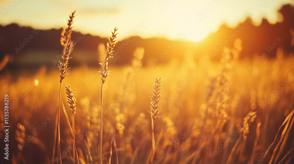 Poster sunset over golden wheat field creating a warm and tranquil atmosphere
