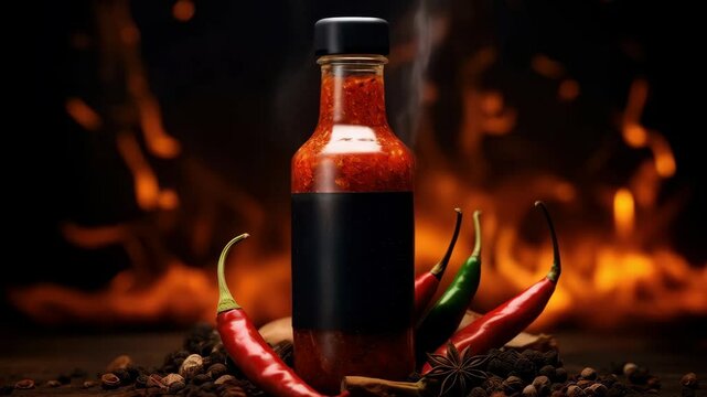  Chilly sauce or ketchup in glass bottle made of red hot chili peppers on black background with flame and smoke. Mexican paprika spice. Mockup for logo or design