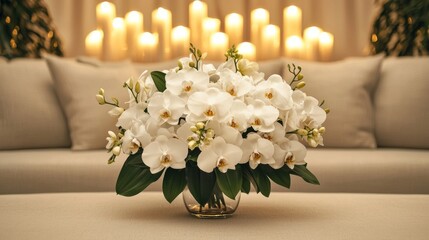 Eye-level view of a beautiful bouquet of white flowers, including roses and orchids, positioned in front of a beige sofa with a backdrop of a tranquil candlelit landscape. 