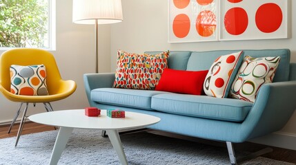 A stylish blue sofa with patterned cushions and bright red pillows is the focal point of this modern living room. A white coffee table with small accessories and colorful throw pillows is accented by 