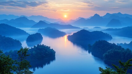 Misty River Winding Through Serene Valley at Magical Dawn