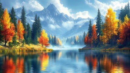 Fototapeta premium Vibrant Autumn Colors Reflecting on a Serene River Flowing Through a Picturesque Valley