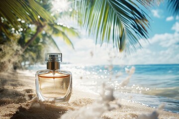 Luxury Perfume Bottle on Tropical Beach Sand