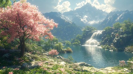 Serene River Flowing Through Majestic Rocky Valley with Cascading Waterfalls