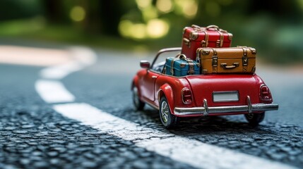 A toy convertible car filled with miniature suitcases, set on a tiny road with painted white lines