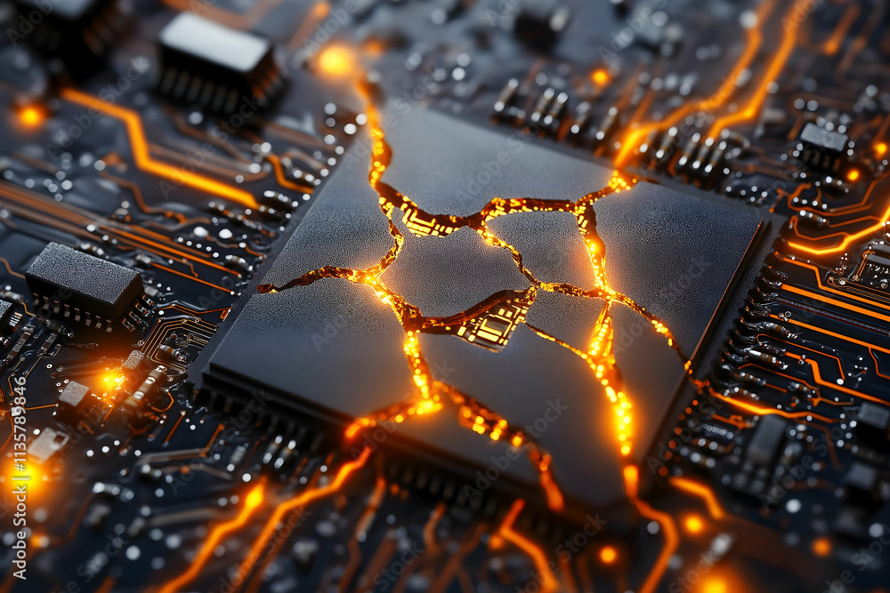 Poster a close-up view of a circuit board with a glowing microchip, showcasing intricate details and electr