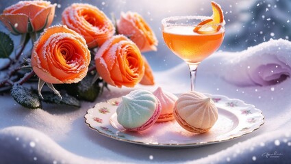 Winter dessert plate with colorful meringues, roses, and a festive cocktail in snowy setting