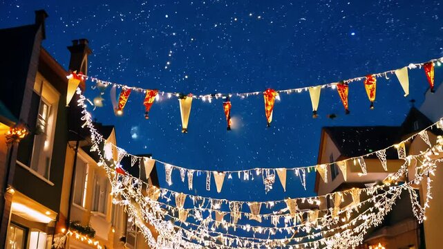 Enchanting holiday neighborhood video with a tilt-down from the starry night to festive homes