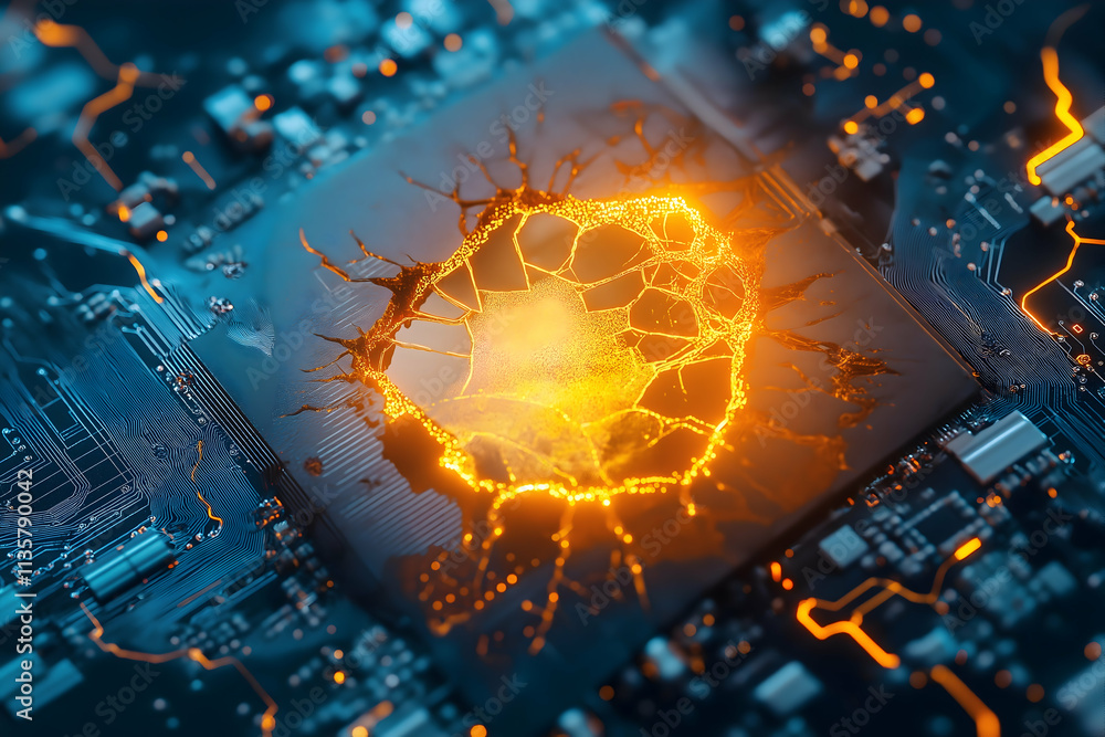 Poster a vibrant, glowing microchip with bright, fiery patterns, set against a dark circuit board backgroun