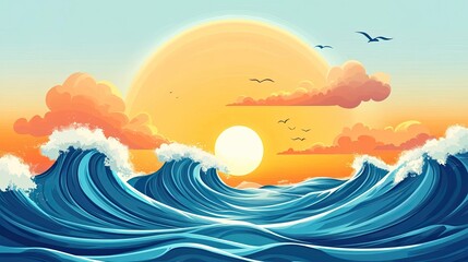 Vibrant sunset over powerful ocean waves.