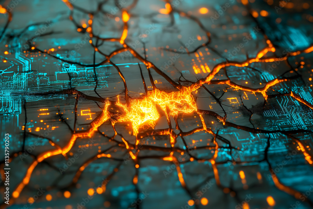 Poster a vibrant, abstract depiction of glowing circuits and cracks, blending technology with artistic elem