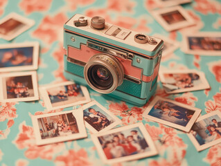 A close-up of a colorful polaroid camera with instant photos scattered on a retro-patterned tablecloth 