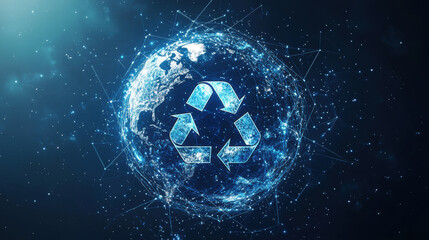 Recycling symbol over digital globe representing sustainability and eco friendliness