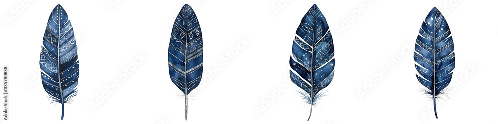 Poster three intricate blue feather showcasing unique patterns and textures.