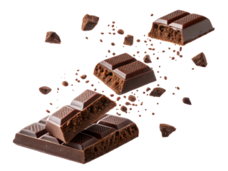 Falling porous chocolate pieces, isolated on white background, 