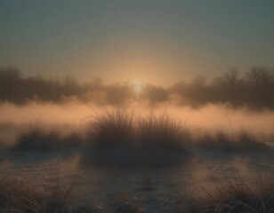 Fototapeta premium A silhouette of a sunrise breaking through winter fog 