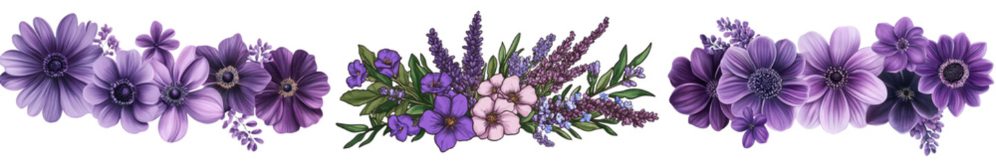 Obraz premium Purple Floral Border Lavender Anemones Flowers Botanical Design Wedding Decor