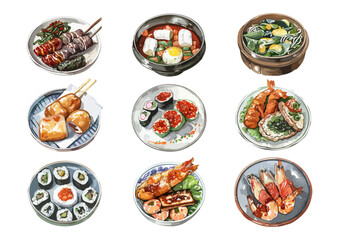 Asian Food Watercolor Illustration set