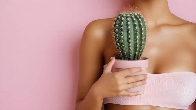 Woman holding cactus isolated on light pink background. Concept of depilation or waxing procedure. Body and skin care. Waxing or laser hair removal, shaving