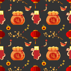 Chinese New Year seamless pattern in cute illustration style. Happy New Year 2025, year of the snake, fireworks, Lunar New Year. Design texture ideal for printing fabric and paper