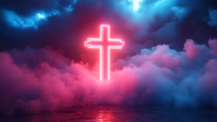 Fototapeta premium Neon cross glowing in a foggy landscape at night