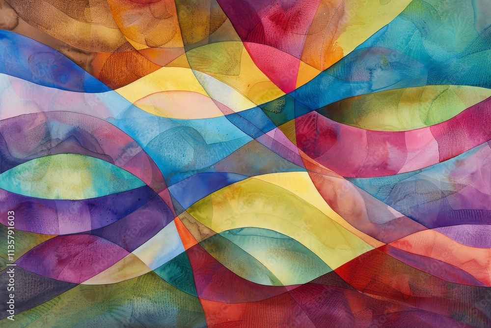 Poster a colorful and abstract watercolor painting featuring overlapping curved lines in vibrant colors a c