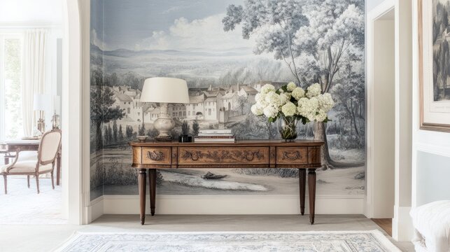Console table with flowers against scenic wallpaper in elegant entryway.