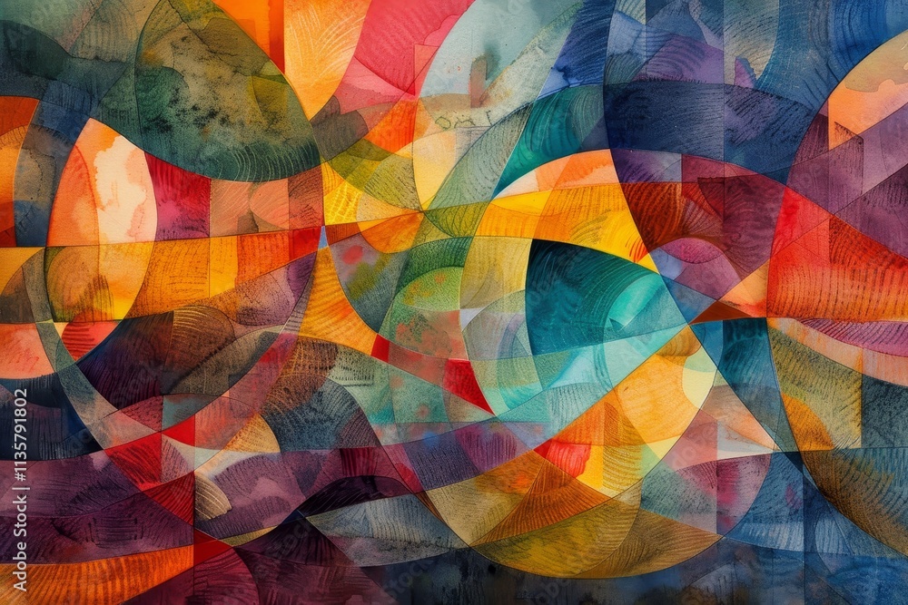 Poster a vibrant abstract watercolor painting featuring intersecting shapes in a variety of colors a colorf