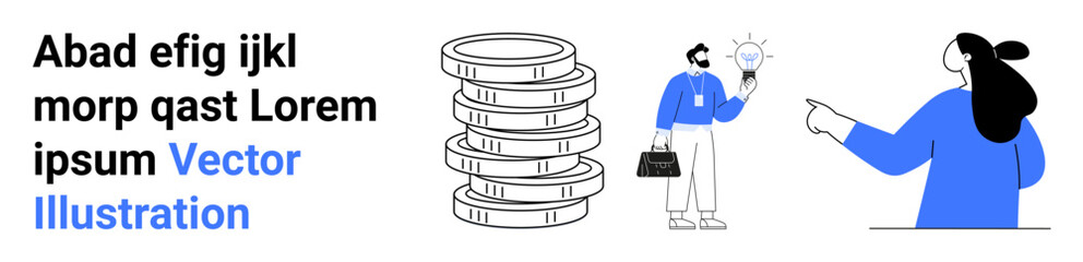 Stacks of coins, man holding light bulb and briefcase, woman pointing. Ideal for business ideas, innovation, investment, financial planning, teamwork, entrepreneurship, creative solutions. Banner