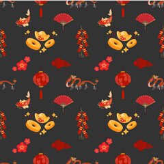 Chinese New Year seamless pattern in cute illustration style. Happy New Year 2025, year of the snake, fireworks, Lunar New Year. Design texture ideal for printing fabric and paper