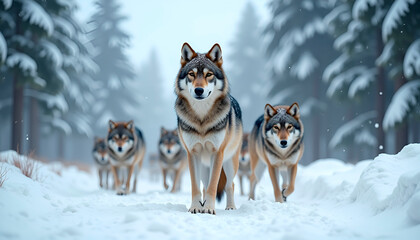 Naklejka premium Wolf pack walking confidently through snow-covered forest in winter 