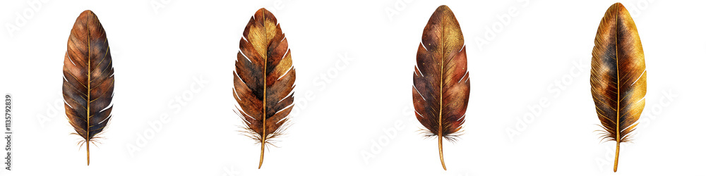 Poster four autumn feathers showcasing vibrant hues of orange and yellow, each displaying unique patterns a