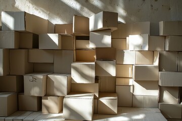 Cardboard boxes stacked creating an abstract wall