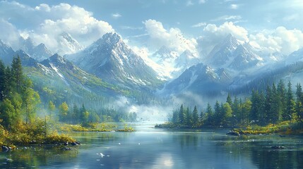 Fototapeta premium Serene River Flowing Through Lush Forested Valley with Majestic Mountain Backdrop