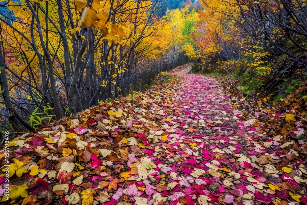 Poster a winding path through a colorful autumn forest, covered in fallen leaves a colorful array of autumn