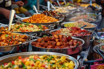 Obraz premium Vibrant International Street Food Dishes at a Busy Food Market, A colorful array of international street food dishes, representing a world of diverse flavors and cuisines