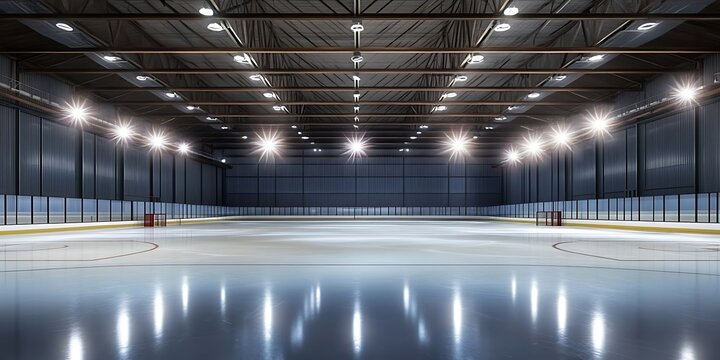 Empty Ice Hockey Rink with Spotlight Effects, Hockey Rink, Sport Lighting, Indoor Arena, Ice, Generative Ai - Powered by Adobe
