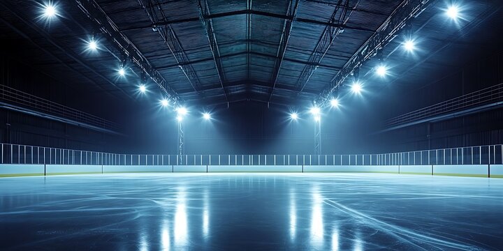 Empty Ice Hockey Rink with Spotlight Effects, Hockey Rink, Sport Lighting, Indoor Arena, Ice, Generative Ai - Powered by Adobe