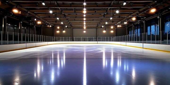 Empty Ice Hockey Rink with Spotlight Effects, Hockey Rink, Sport Lighting, Indoor Arena, Ice, Generative Ai - Powered by Adobe