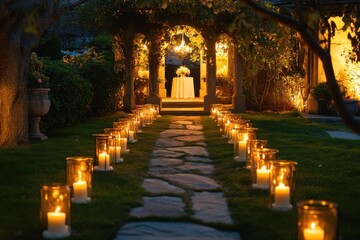 Romantic Garden Pathway Lit By Candles At Night