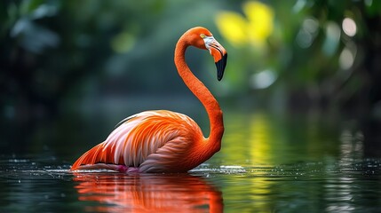 Fototapeta premium Graceful Flamingo Posing in Tranquil Reflecting Waters Elegant Wildlife Portrait