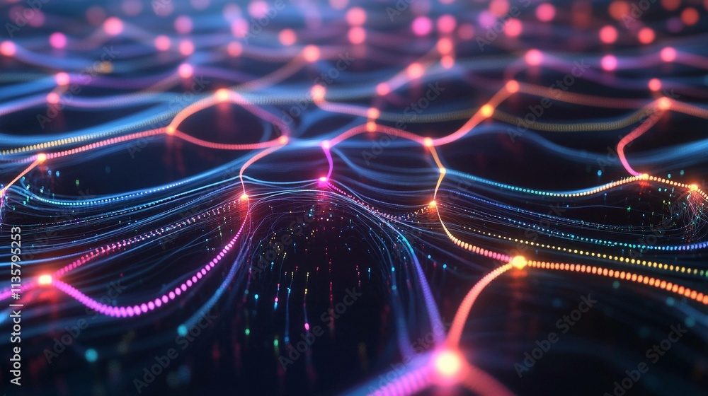 Poster illustration of interconnected neural networks displaying vibrant signals. generative ai