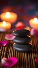 Spa stones and candles with flower petals
