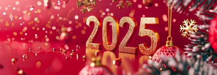 Happy Chinese New Year 2025. Greeting card with flowers and lanterns on red background.