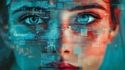 Concept of data in cybersecurity reflected in a woman's face. Generative AI