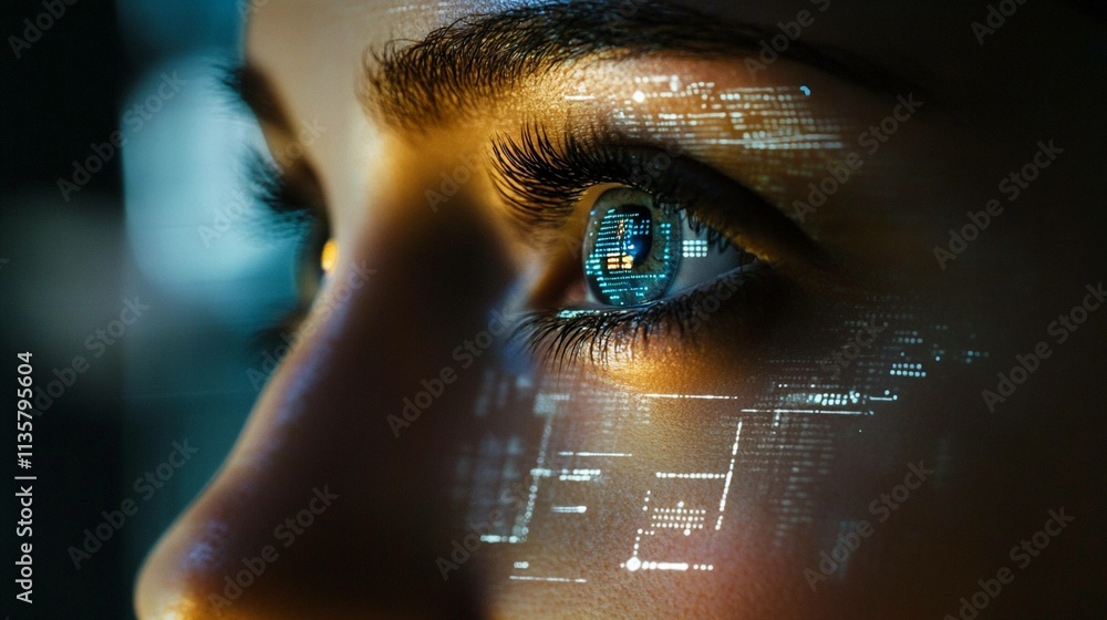Poster innovative recognition system displaying complex data on human eye. generative ai