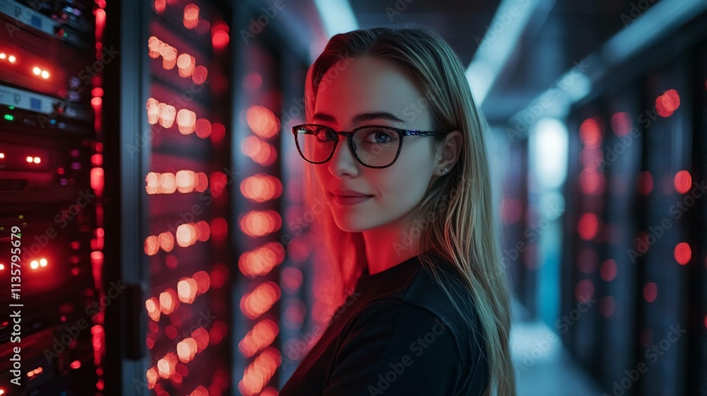 Aufkleber server center illuminated by bright led lights with a focused technician. generative ai