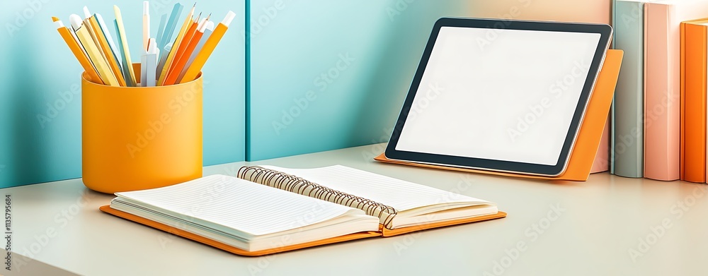Poster business self-development, clean pastel desktop setup with open notebook