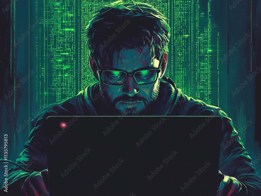 Aufkleber focused individual working on laptop with green code lines illuminations. generative ai