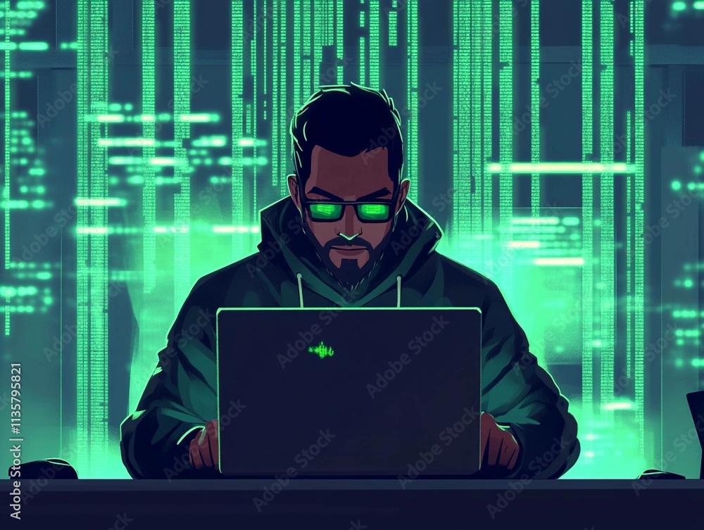 Poster coding enthusiast works late at night with green code on laptop screen. generative ai